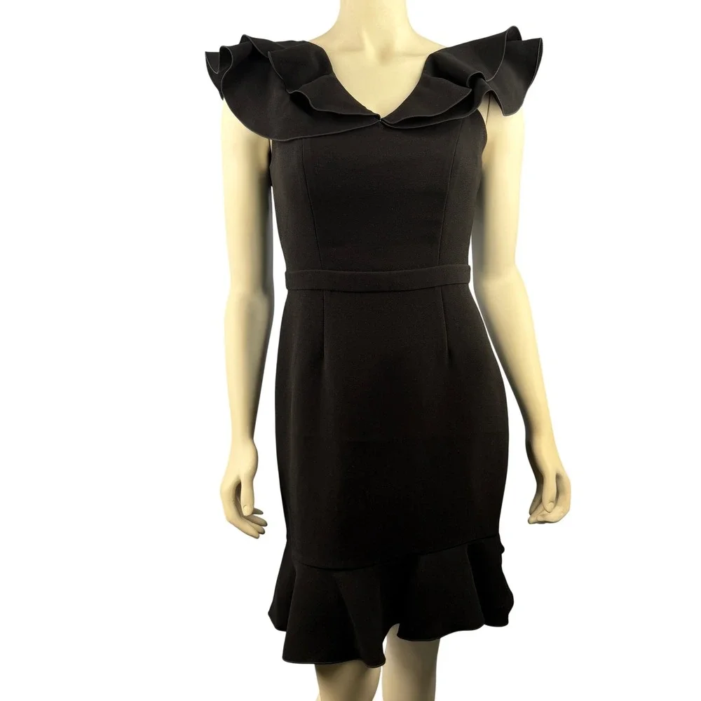 Rachel Zoe Dress Women 6 Black Ruffle Cold‎ Shoulder V-Neck Sheath Delia